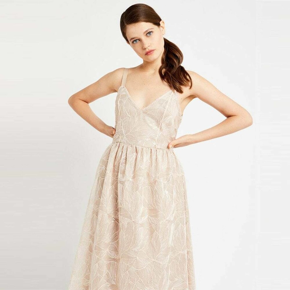NEW Anthropologie Ottod Ame Womens A Line Dress Beige Floral Zip Embroidered 8